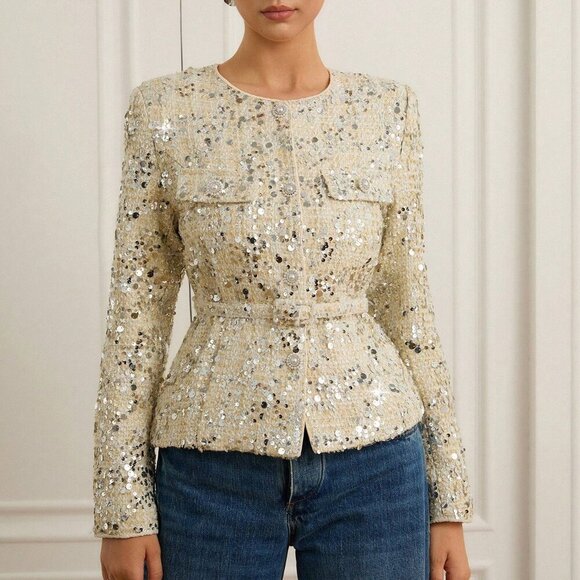 Beige Party Women's sequin detailed tweed belted blazer - Picture 1 of 6